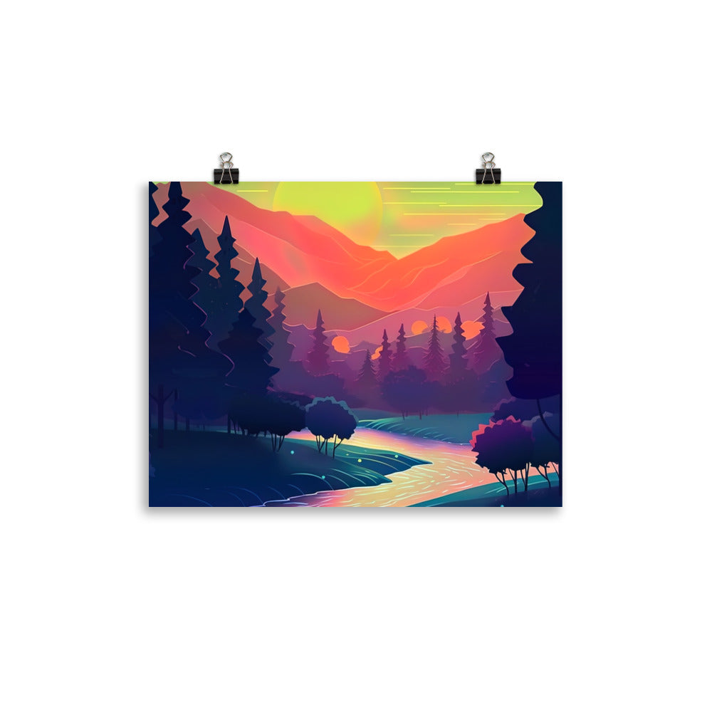 Berge, Fluss, Sonnenuntergang - Malerei - Poster berge xxx 27.9 x 35.6 cm