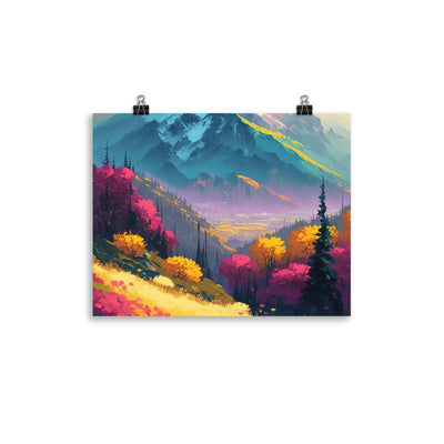 Berge, pinke und gelbe Bäume, sowie Blumen - Farbige Malerei - Poster berge xxx 27.9 x 35.6 cm
