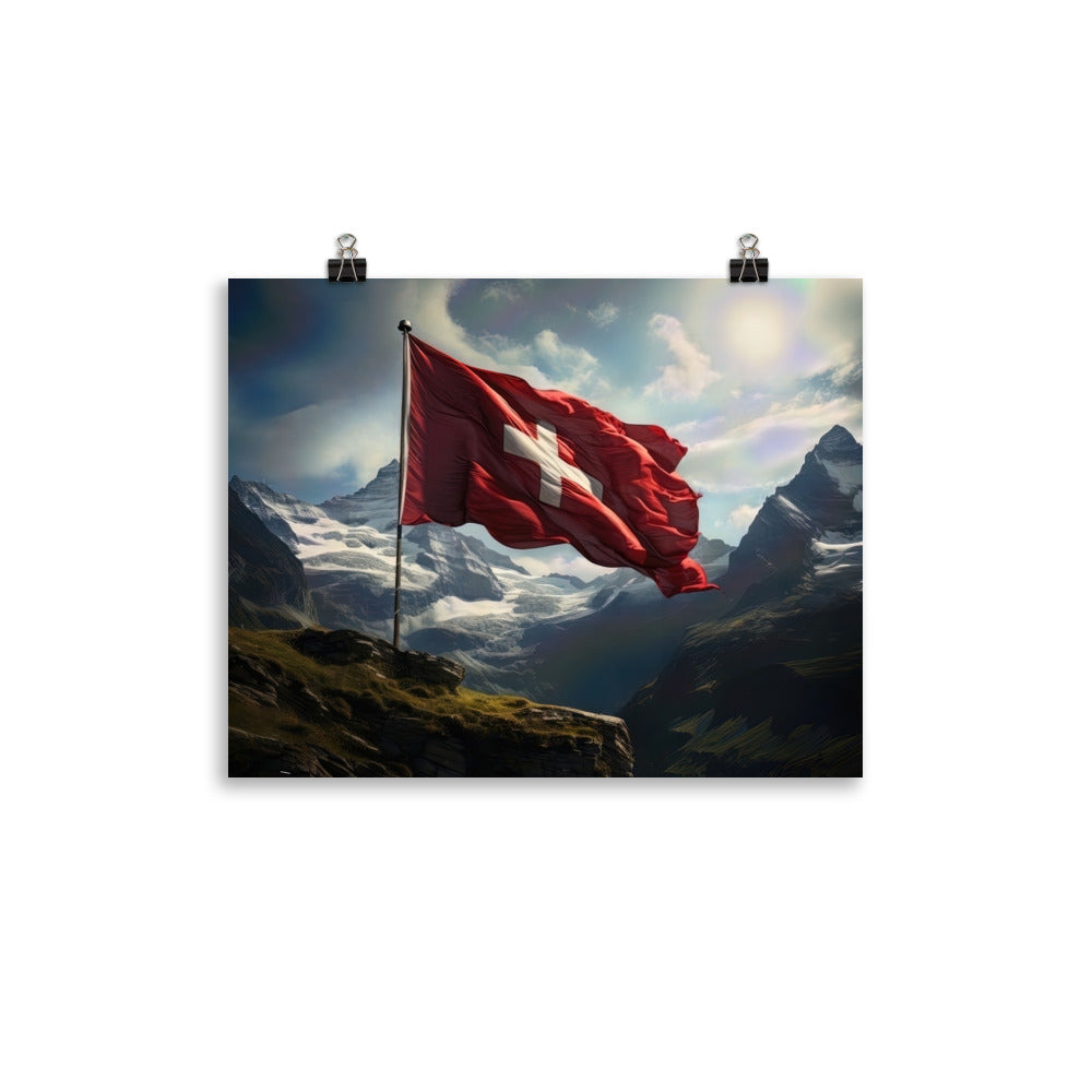 Schweizer Flagge und Berge im Hintergrund - Fotorealistische Malerei - Poster berge xxx 27.9 x 35.6 cm