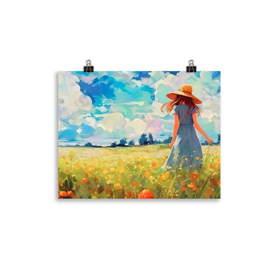 Dame mit Hut im Feld mit Blumen - Landschaftsmalerei - Poster camping xxx 27.9 x 35.6 cm
