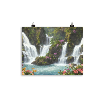 Wasserfall im Wald und Blumen - Schöne Malerei - Poster camping xxx 27.9 x 35.6 cm