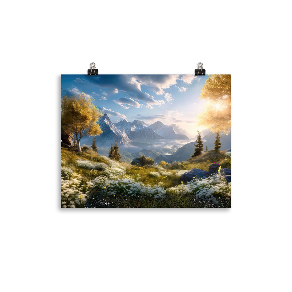 Berglandschaft mit Sonnenschein, Blumen und Bäumen - Malerei - Poster berge xxx 27.9 x 35.6 cm