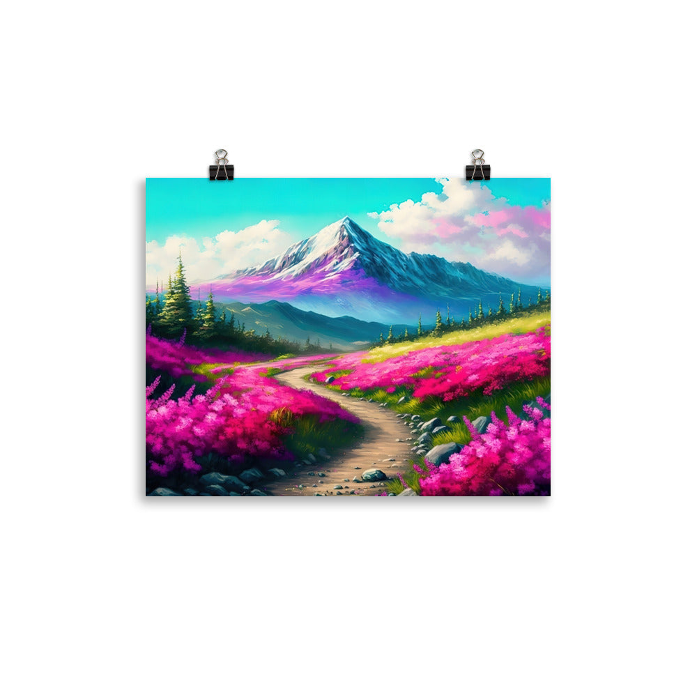 Berg, pinke Blumen und Wanderweg - Landschaftsmalerei - Poster berge xxx 27.9 x 35.6 cm