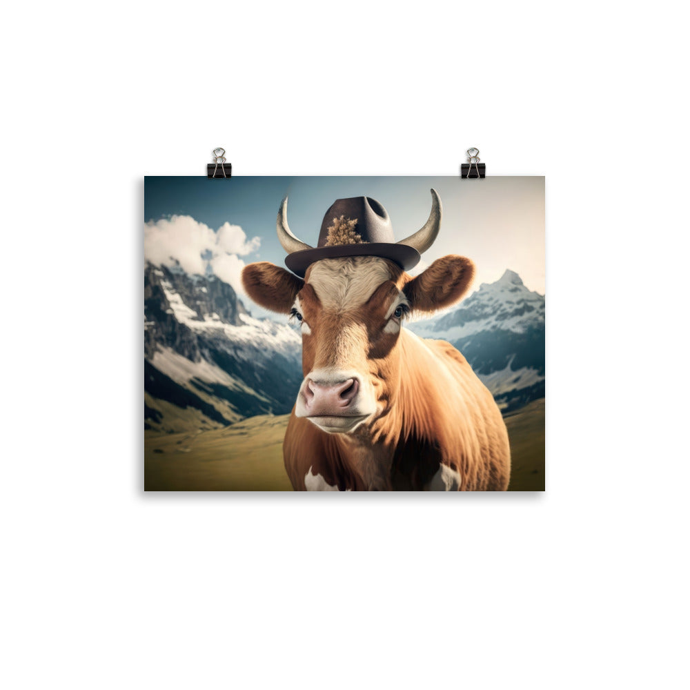 Kuh mit Hut in den Alpen - Berge im Hintergrund - Landschaftsmalerei - Poster berge xxx 27.9 x 35.6 cm