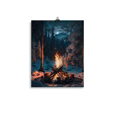 Lagerfeuer beim Camping - Wald mit Schneebedeckten Bäumen - Malerei - Poster camping xxx 27.9 x 35.6 cm