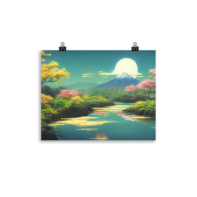 Berg, See und Wald mit pinken Bäumen - Landschaftsmalerei - Poster berge xxx 27.9 x 35.6 cm