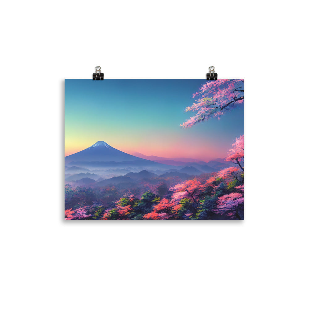 Berg und Wald mit pinken Bäumen - Landschaftsmalerei - Poster berge xxx 27.9 x 35.6 cm