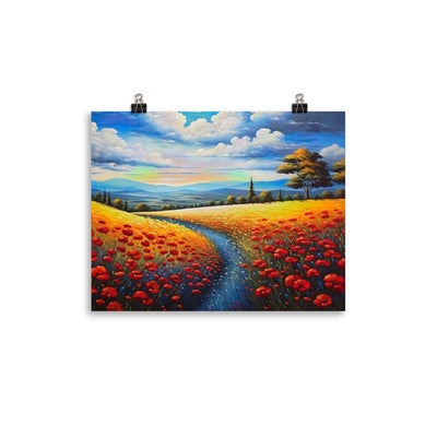 Feld mit roten Blumen und Berglandschaft - Landschaftsmalerei - Poster berge xxx 27.9 x 35.6 cm