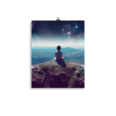 Frau sitzt auf Berg – Cosmos und Sterne im Hintergrund - Landschaftsmalerei - Poster berge xxx 27.9 x 35.6 cm