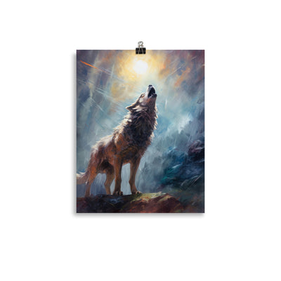 Heulender Wolf auf Berggipfel und Mond im Hintergrund – Abstrakte Malerei - Poster camping xxx 27.9 x 35.6 cm