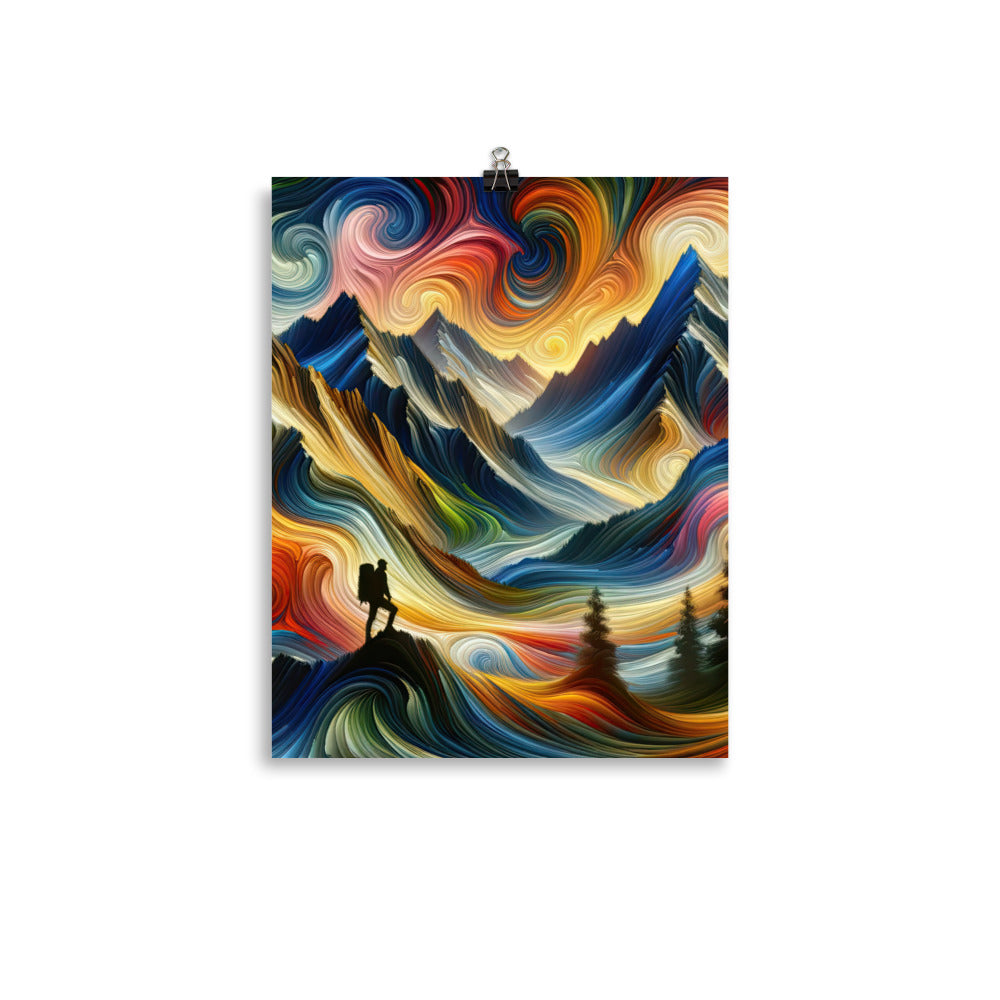 Abstraktes Kunstgemälde der Alpen mit wirbelnden, lebendigen Farben und dynamischen Mustern. Wanderer Silhouette - Enhanced Matte Paper wandern xxx yyy zzz 27.9 x 35.6 cm