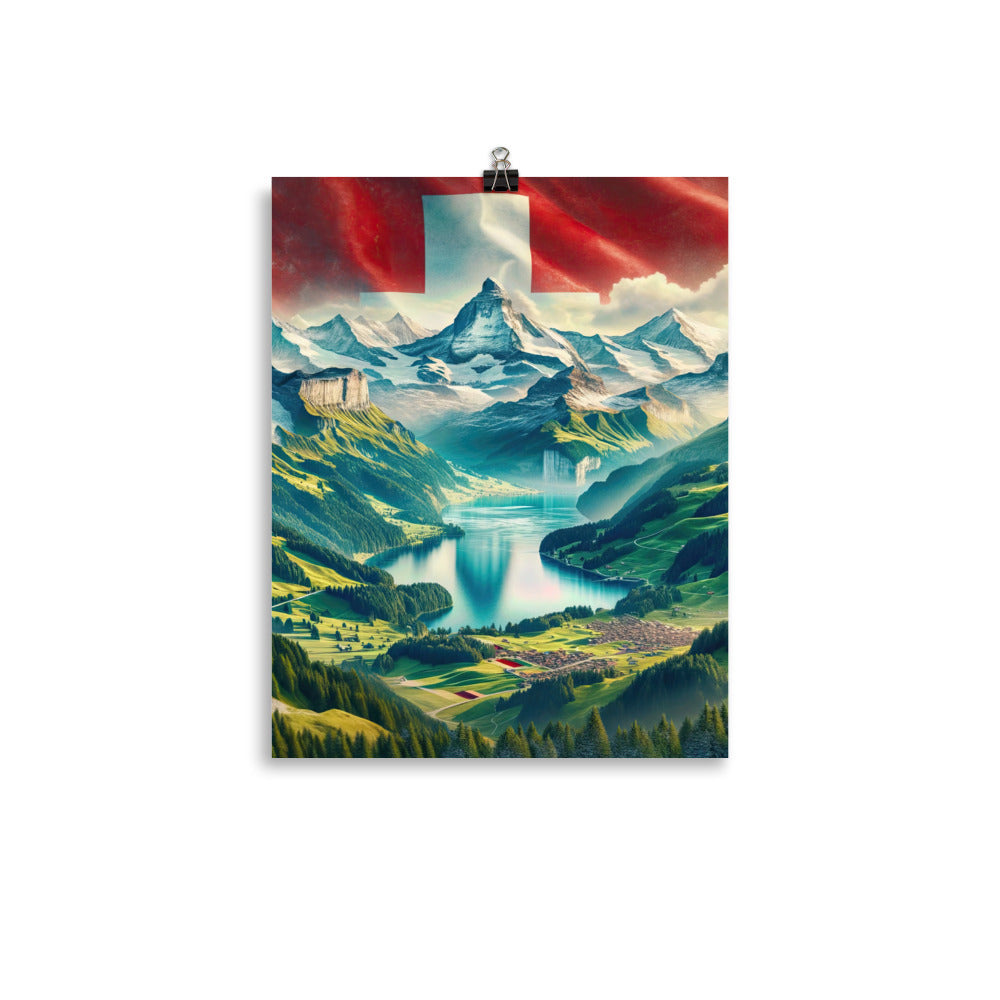 Berg Panorama: Schneeberge und Täler mit Schweizer Flagge - Poster berge xxx yyy zzz 27.9 x 35.6 cm