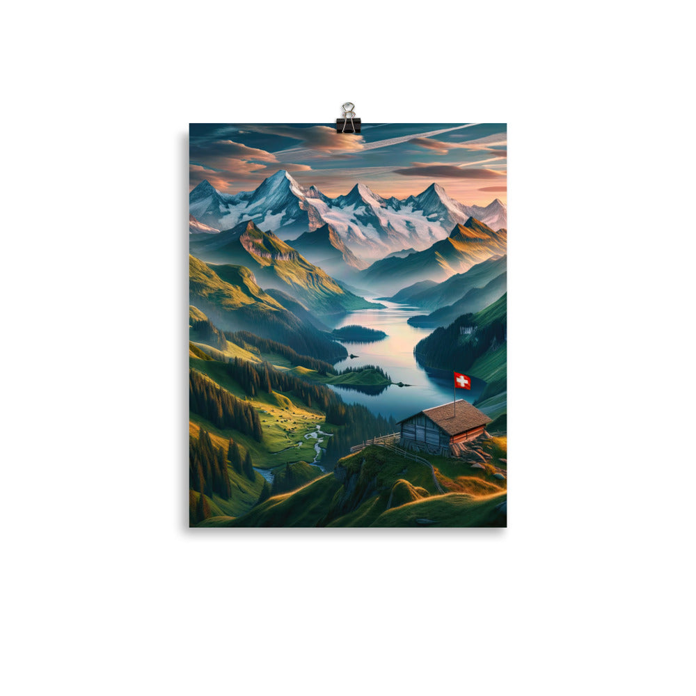 Schweizer Flagge, Alpenidylle: Dämmerlicht, epische Berge und stille Gewässer - Poster berge xxx yyy zzz 27.9 x 35.6 cm