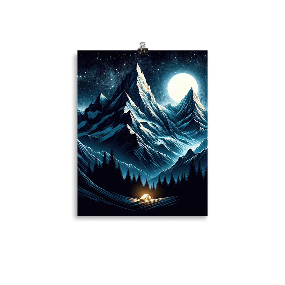 Alpennacht mit Zelt: Mondglanz auf Gipfeln und Tälern, sternenklarer Himmel - Poster berge xxx yyy zzz 27.9 x 35.6 cm