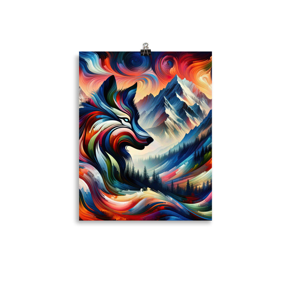 Abstrakte Kunst der Alpen mit majestätischer Wolfssilhouette. Lebendige, wirbelnde Farben, unvorhersehbare Muster (AN) - Enhanced Matte xxx yyy zzz 27.9 x 35.6 cm