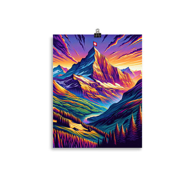 Bergpracht mit Schweizer Flagge: Farbenfrohe Illustration einer Berglandschaft - Poster berge xxx yyy zzz 27.9 x 35.6 cm