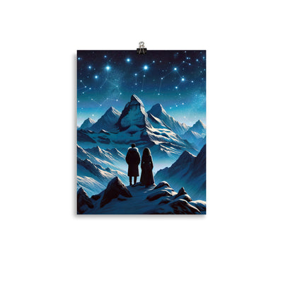 Alpenwinternacht: Digitale Kunst mit Wanderern in Bergen und Sternenhimmel - Poster wandern xxx yyy zzz 27.9 x 35.6 cm