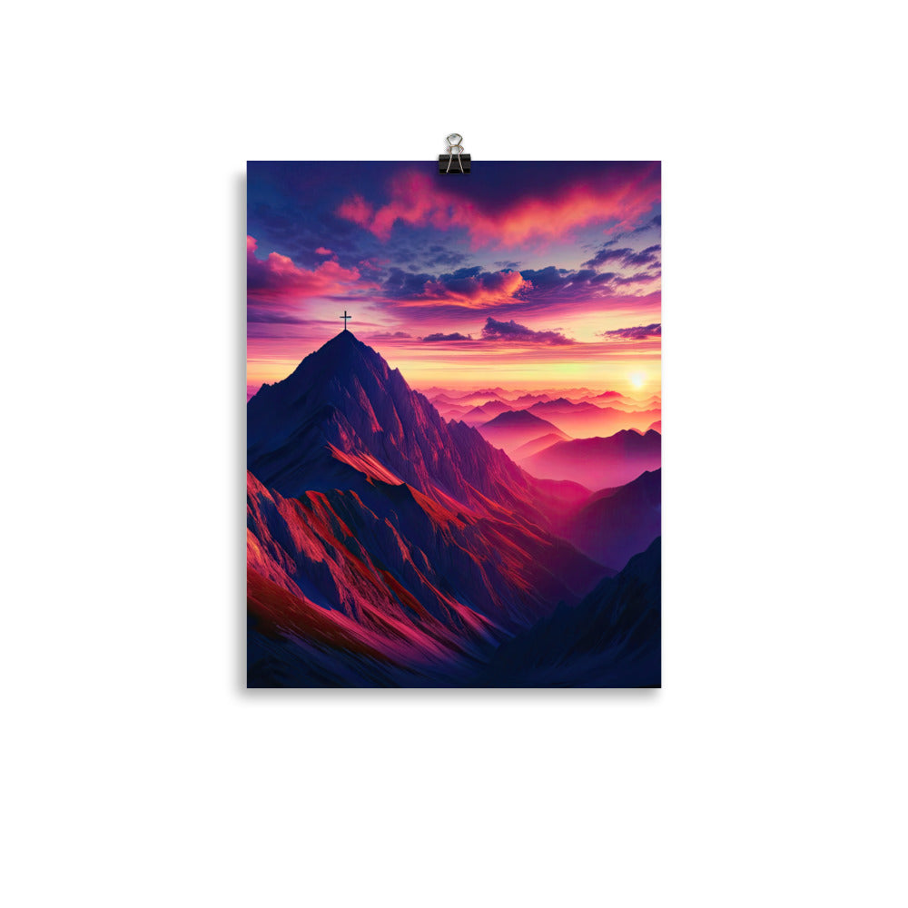 Dramatischer Alpen-Sonnenaufgang, Gipfelkreuz und warme Himmelsfarben - Poster berge xxx yyy zzz 27.9 x 35.6 cm