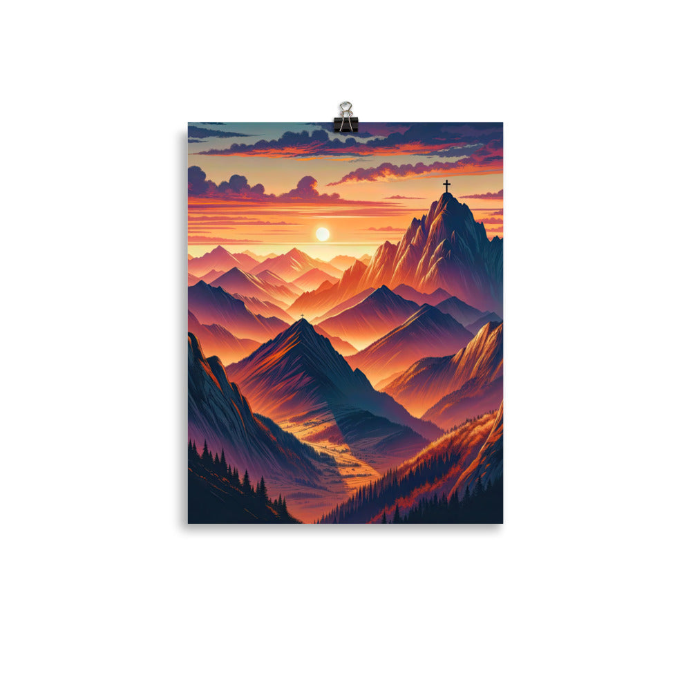 Dramatischer Alpen-Sonnenuntergang, Gipfelkreuz in Orange-Rosa - Poster berge xxx yyy zzz 27.9 x 35.6 cm