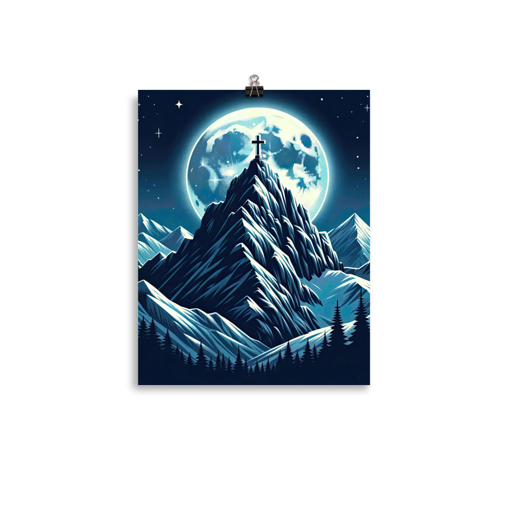 Mondnacht und Gipfelkreuz in den Alpen, glitzernde Schneegipfel - Poster berge xxx yyy zzz 27.9 x 35.6 cm