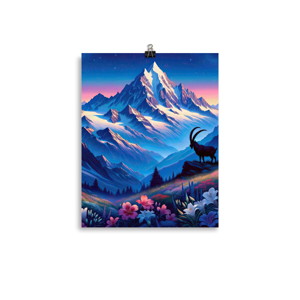 Steinbock bei Dämmerung in den Alpen, sonnengeküsste Schneegipfel - Poster berge xxx yyy zzz 27.9 x 35.6 cm