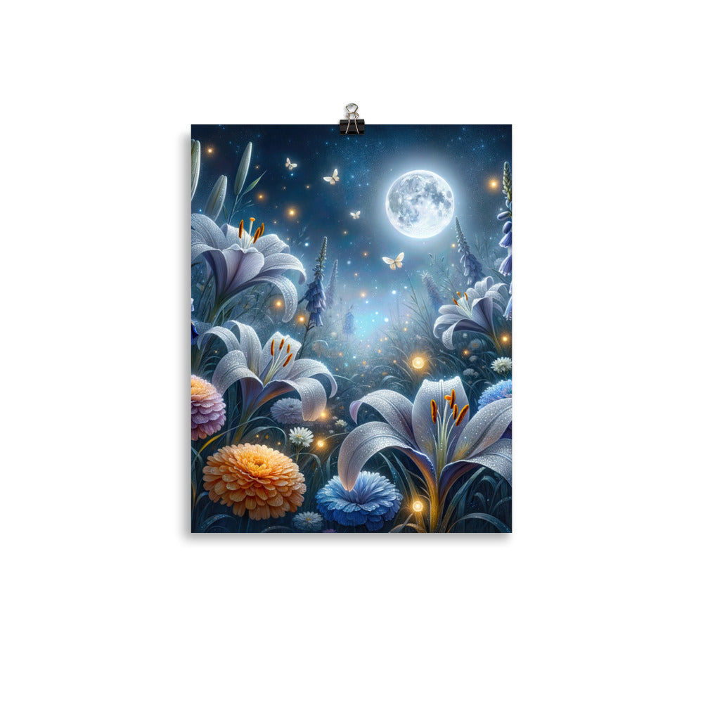 Ätherische Mondnacht auf blühender Wiese, silbriger Blumenglanz - Poster camping xxx yyy zzz 27.9 x 35.6 cm