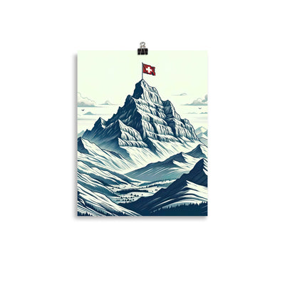 Ausgedehnte Bergkette mit dominierendem Gipfel und wehender Schweizer Flagge - Poster berge xxx yyy zzz 27.9 x 35.6 cm