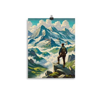 Panoramablick der Alpen mit Wanderer auf einem Hügel und schroffen Gipfeln - Poster wandern xxx yyy zzz 27.9 x 35.6 cm
