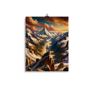 Ölgemälde eines Wanderers auf einem Hügel mit Panoramablick auf schneebedeckte Alpen und goldenen Himmel - Enhanced Matte Paper Poster wandern xxx yyy zzz 27.9 x 35.6 cm