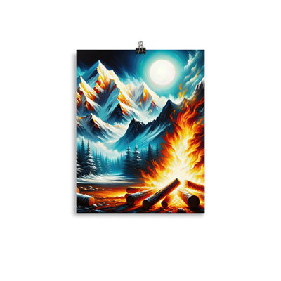 Ölgemälde von Feuer und Eis: Lagerfeuer und Alpen im Kontrast, warme Flammen - Poster camping xxx yyy zzz 27.9 x 35.6 cm