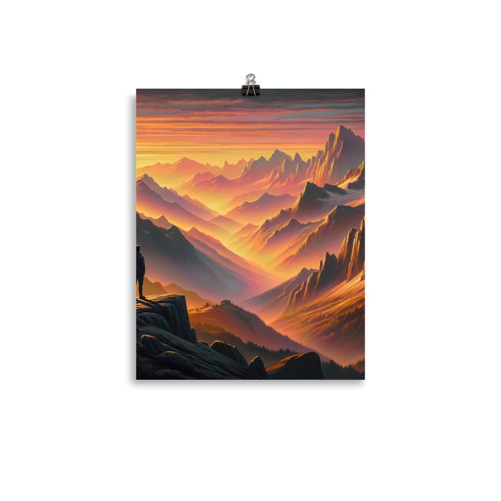 Ölgemälde der Alpen in der goldenen Stunde mit Wanderer, Orange-Rosa Bergpanorama - Poster wandern xxx yyy zzz 27.9 x 35.6 cm