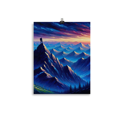 Ölgemälde eines ruhigen Alpenabends mit Bergsteigersilhouette auf dem Gipfel - Poster wandern xxx yyy zzz 27.9 x 35.6 cm