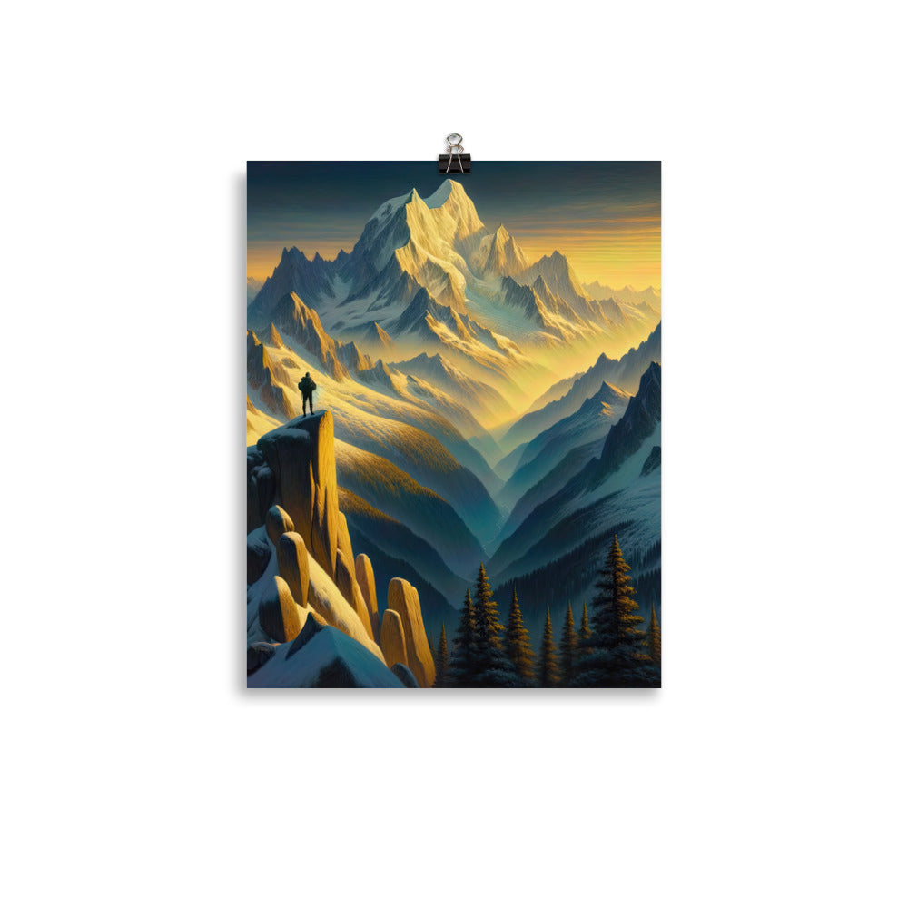 Ölgemälde eines Wanderers bei Morgendämmerung auf Alpengipfeln mit goldenem Sonnenlicht - Poster wandern xxx yyy zzz 27.9 x 35.6 cm