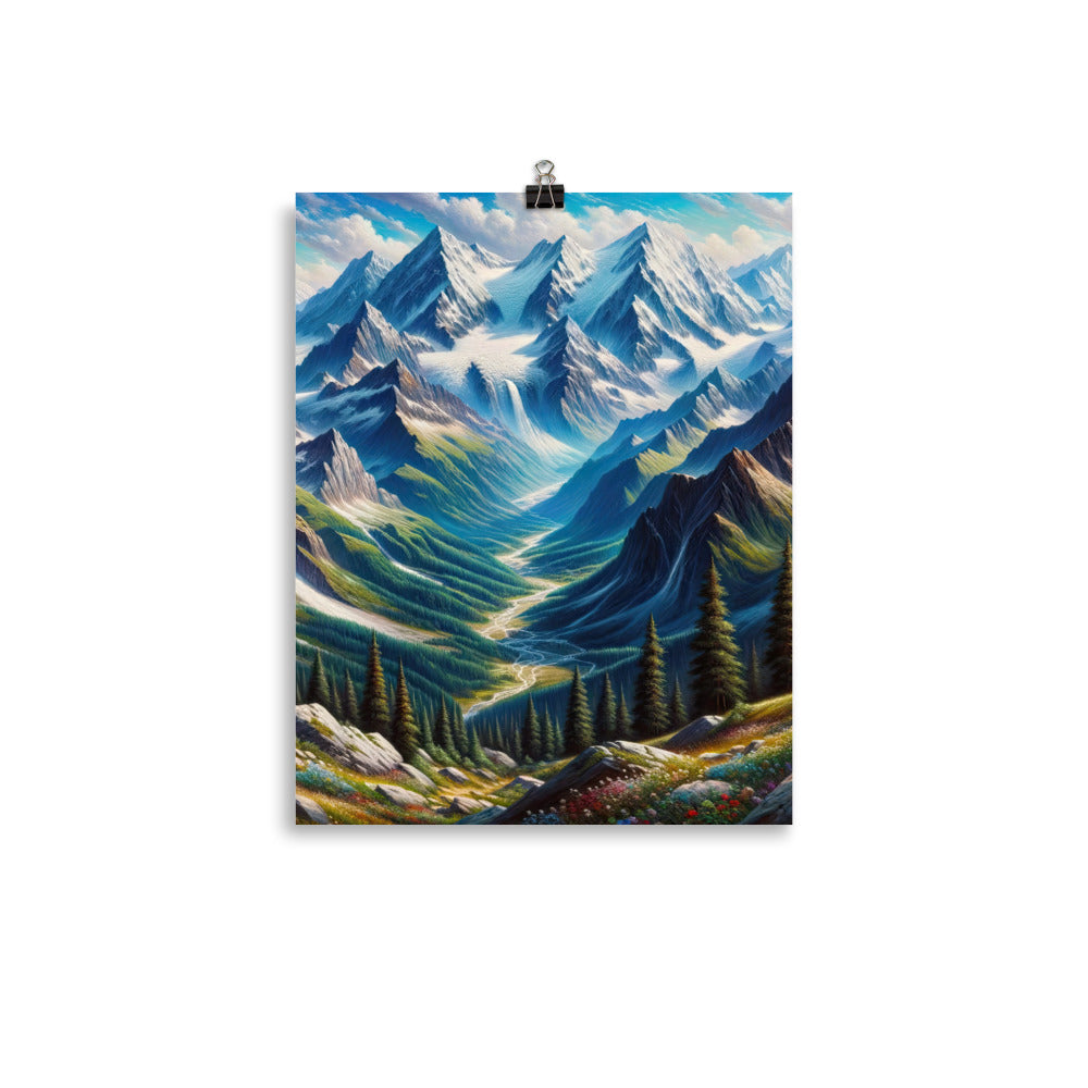 Panorama-Ölgemälde der Alpen mit schneebedeckten Gipfeln und schlängelnden Flusstälern - Poster berge xxx yyy zzz 27.9 x 35.6 cm