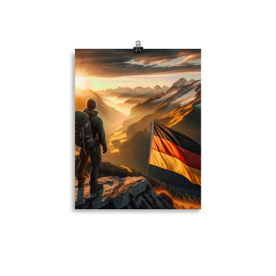 Foto der Alpen bei Sonnenuntergang mit deutscher Flagge und Wanderer, goldenes Licht auf Schneegipfeln - Enhanced Matte Paper Poster berge xxx yyy zzz 27.9 x 35.6 cm