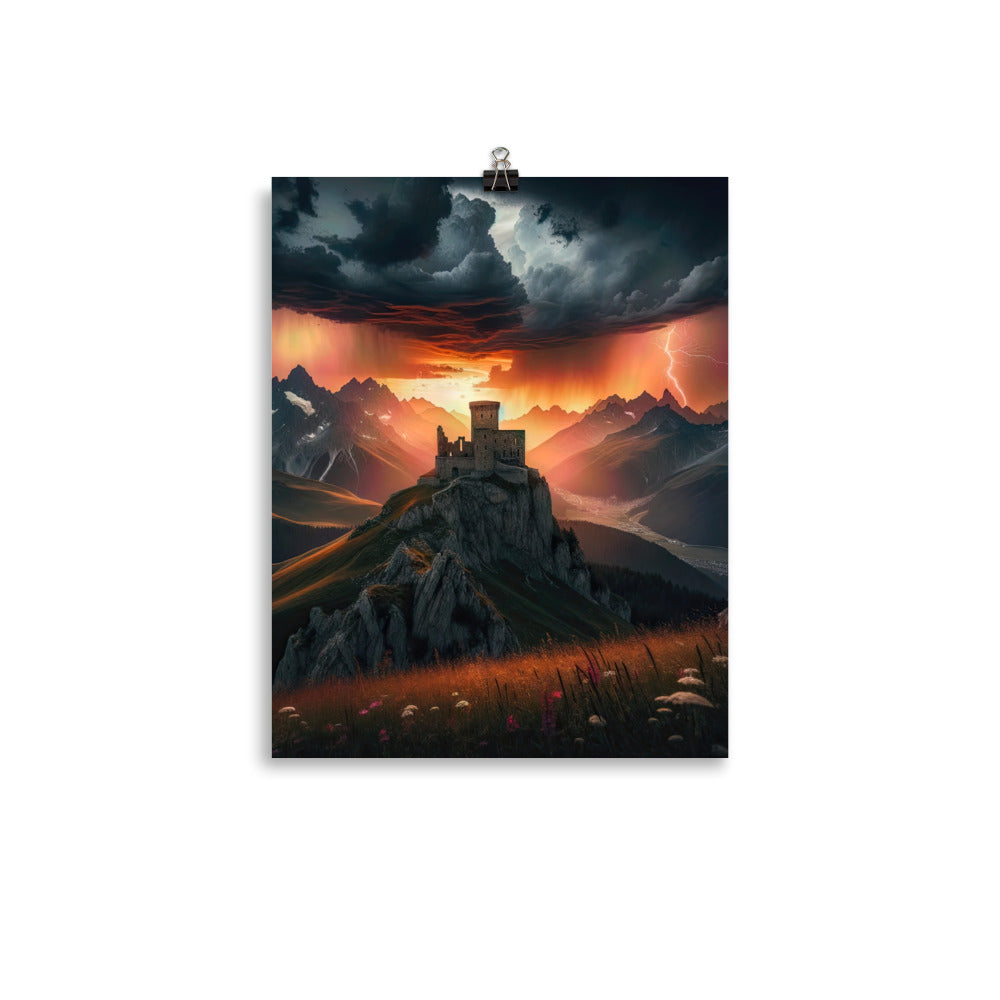 Foto einer Alpenburg bei stürmischem Sonnenuntergang, dramatische Wolken und Sonnenstrahlen - Poster berge xxx yyy zzz 27.9 x 35.6 cm