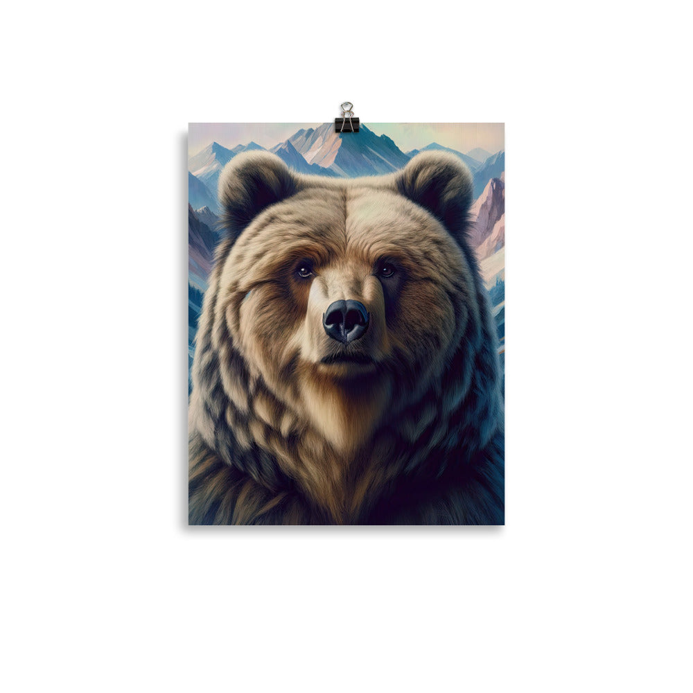 Foto eines Bären vor abstrakt gemalten Alpenbergen, Oberkörper im Fokus - Poster camping xxx yyy zzz 27.9 x 35.6 cm