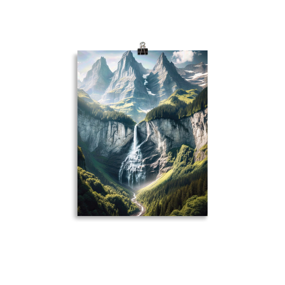 Foto der sommerlichen Alpen mit üppigen Gipfeln und Wasserfall - Poster berge xxx yyy zzz 27.9 x 35.6 cm