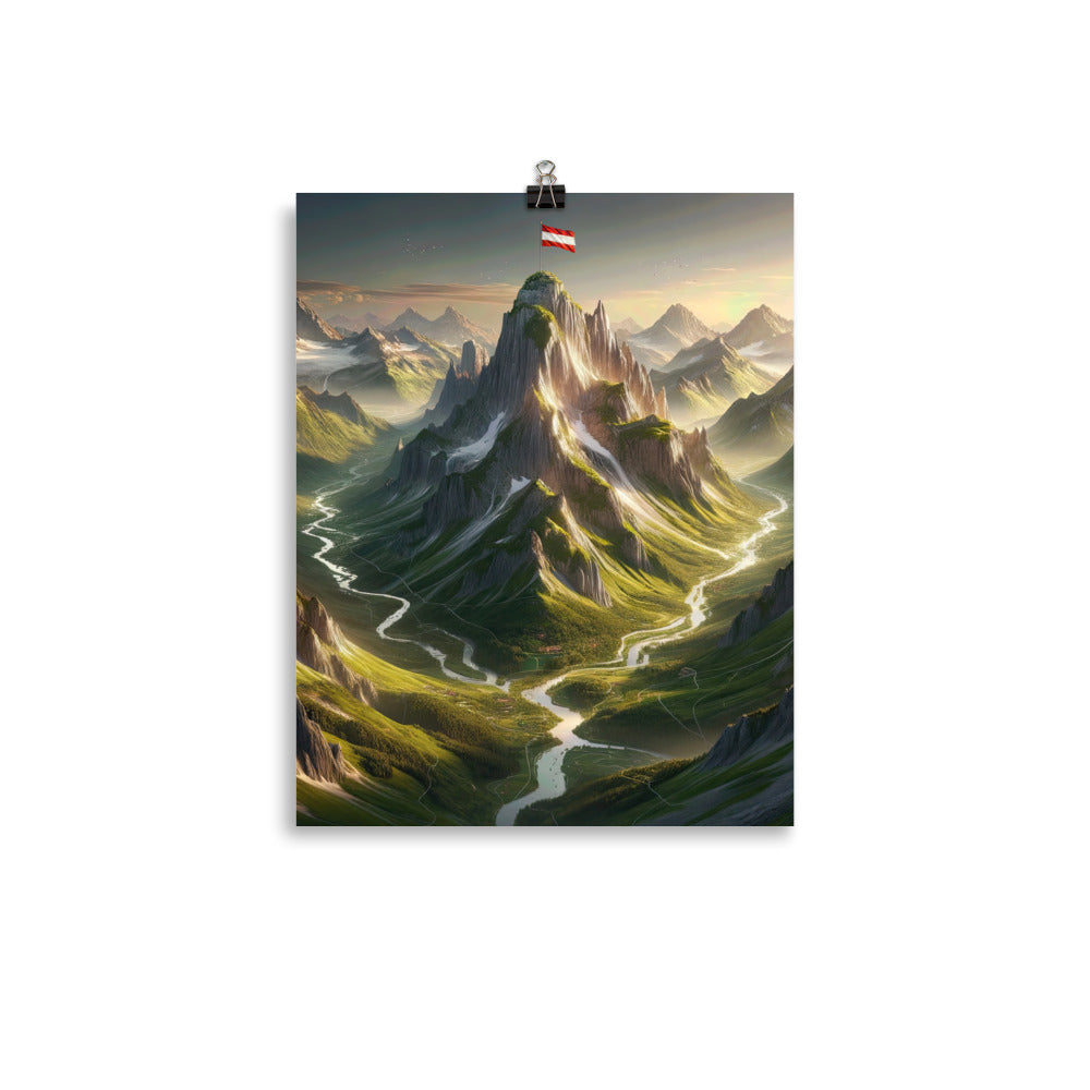 Fotorealistisches Bild der Alpen mit österreichischer Flagge, scharfen Gipfeln und grünen Tälern - Poster berge xxx yyy zzz 27.9 x 35.6 cm
