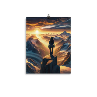 Fotorealistische Darstellung der Alpen bei Sonnenaufgang, Wanderin unter einem gold-purpurnen Himmel - Poster wandern xxx yyy zzz 27.9 x 35.6 cm