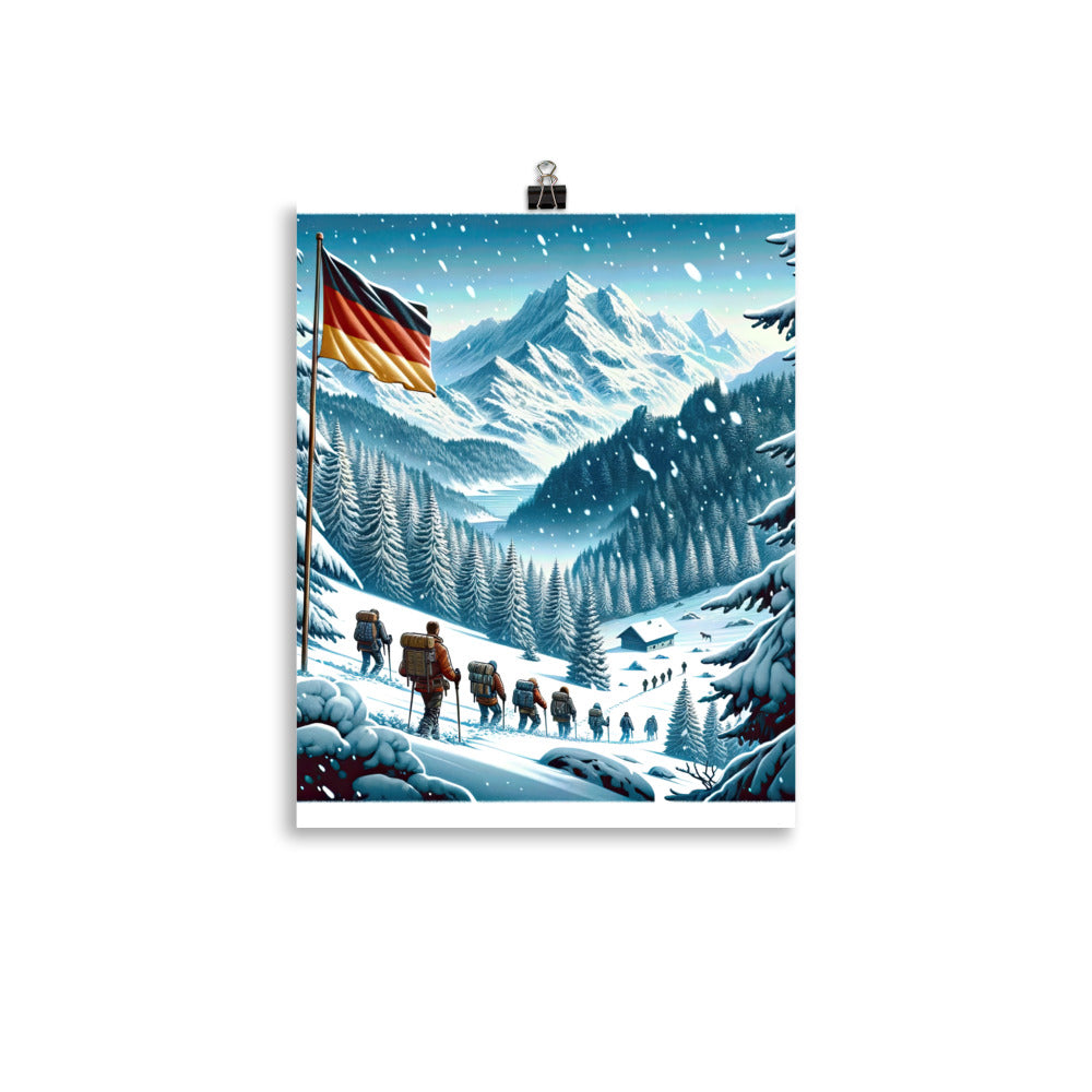 Quadratische Winterillustration der Alpen mit deutscher Flagge und Wanderteam - Poster wandern xxx yyy zzz 27.9 x 35.6 cm