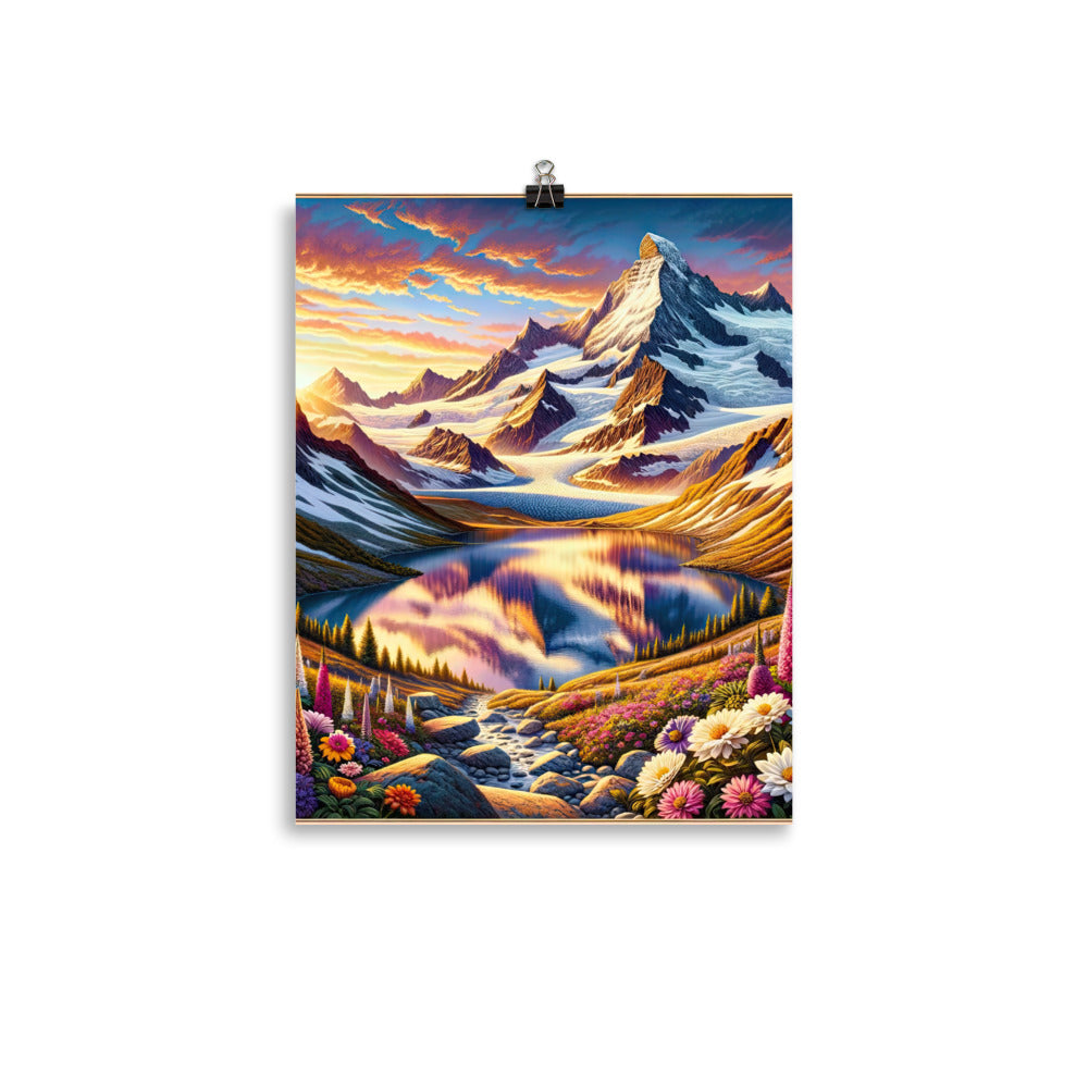 Quadratische Illustration der Alpen mit schneebedeckten Gipfeln und Wildblumen - Poster berge xxx yyy zzz 27.9 x 35.6 cm