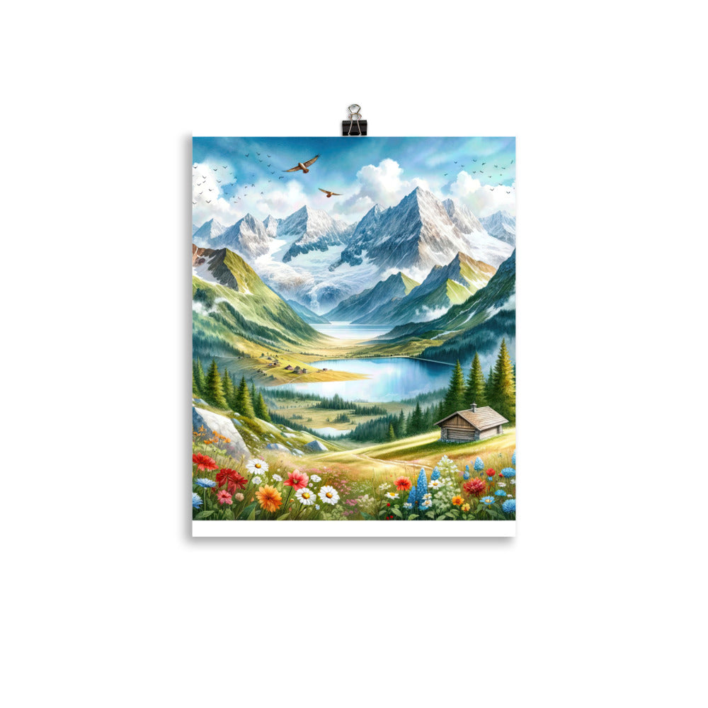 Quadratisches Aquarell der Alpen, Berge mit schneebedeckten Spitzen - Poster berge xxx yyy zzz 27.9 x 35.6 cm