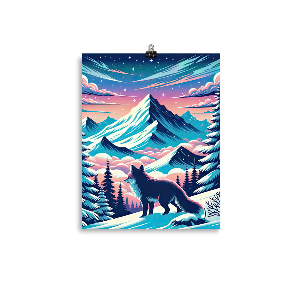 Vektorgrafik eines alpinen Winterwunderlandes mit schneebedeckten Kiefern und einem Fuchs - Poster camping xxx yyy zzz 27.9 x 35.6 cm