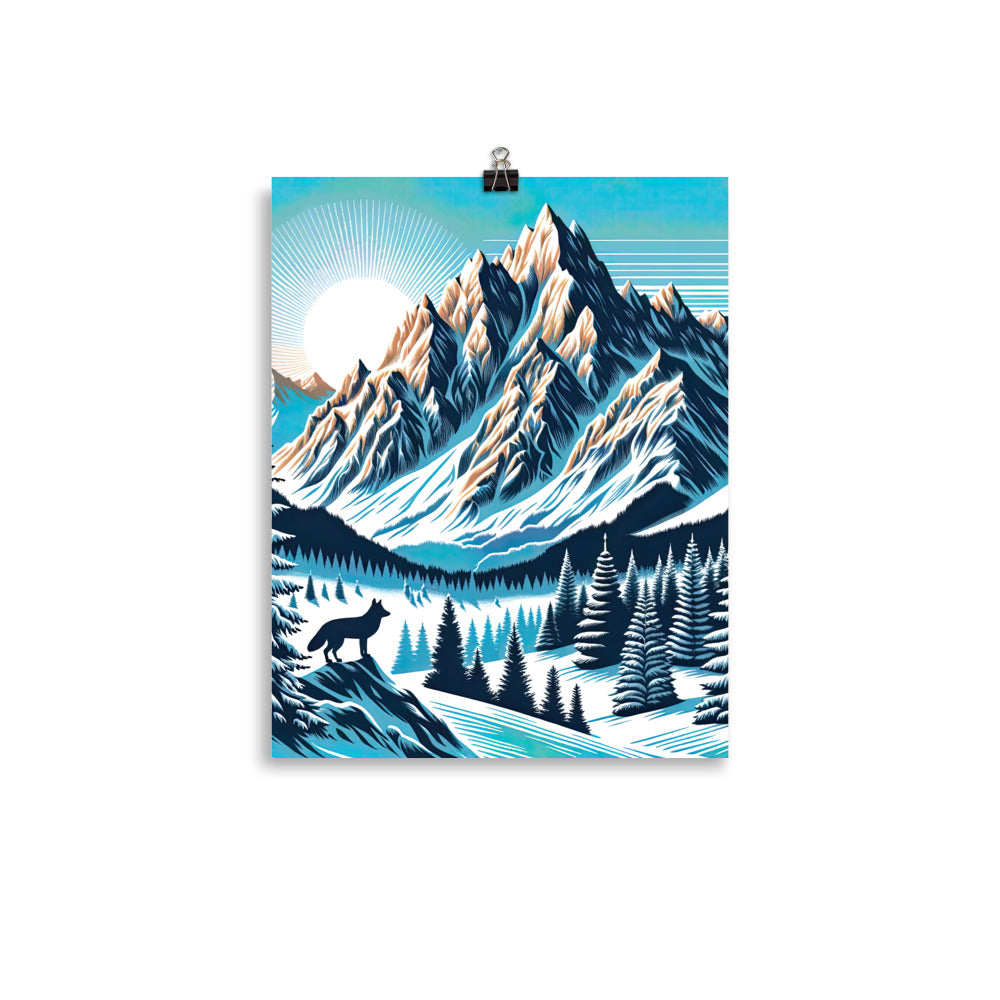 Vektorgrafik eines Wolfes im winterlichen Alpenmorgen, Berge mit Schnee- und Felsmustern - Poster berge xxx yyy zzz 27.9 x 35.6 cm