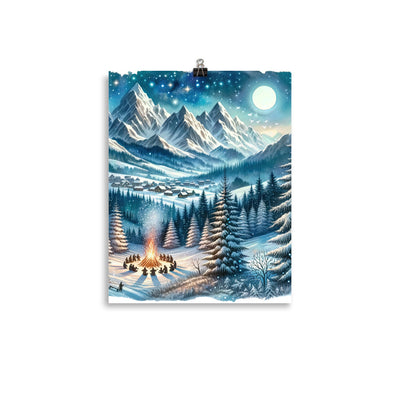 Aquarell eines Winterabends in den Alpen mit Lagerfeuer und Wanderern, glitzernder Neuschnee - Poster camping xxx yyy zzz 27.9 x 35.6 cm