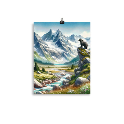 Aquarellmalerei eines Bären und der sommerlichen Alpenschönheit mit schneebedeckten Ketten - Poster camping xxx yyy zzz 27.9 x 35.6 cm