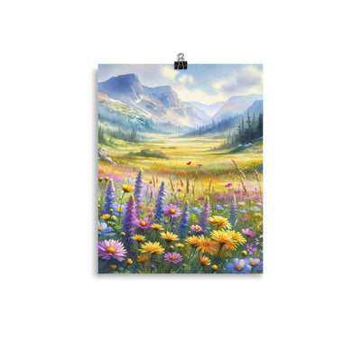 Aquarell einer Almwiese in Ruhe, Wildblumenteppich in Gelb, Lila, Rosa - Poster berge xxx yyy zzz 27.9 x 35.6 cm