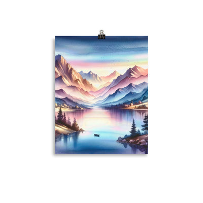 Aquarell einer Dämmerung in den Alpen, Boot auf einem See in Pastell-Licht - Poster berge xxx yyy zzz 27.9 x 35.6 cm