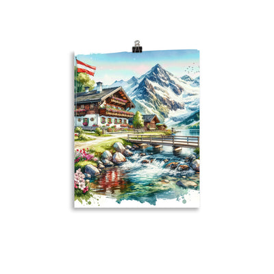 Aquarell der frühlingshaften Alpenkette mit österreichischer Flagge und schmelzendem Schnee - Poster berge xxx yyy zzz 27.9 x 35.6 cm